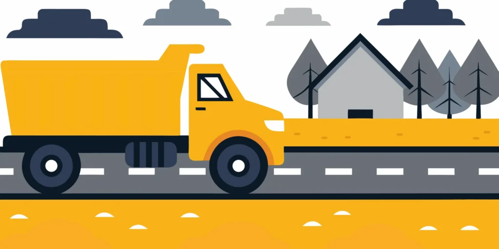Dump truck driving on a rural Minnesota road in early spring with melting snow on the shoulders