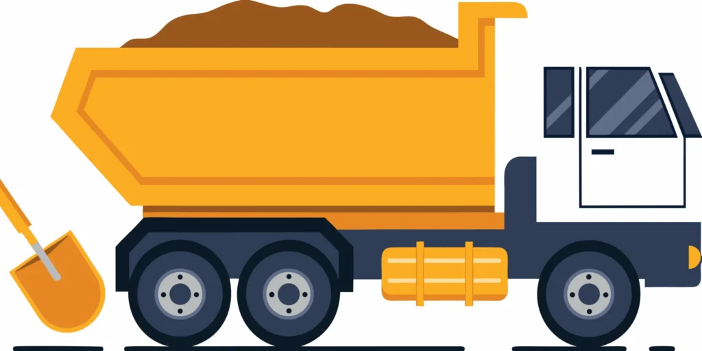 Dump truck delivering a 5-yard pile of topsoil for a landscaping project.