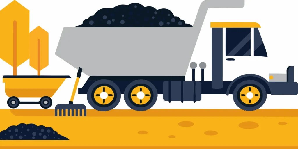 Dump truck unloading a bulk delivery of black dirt in Minneapolis.