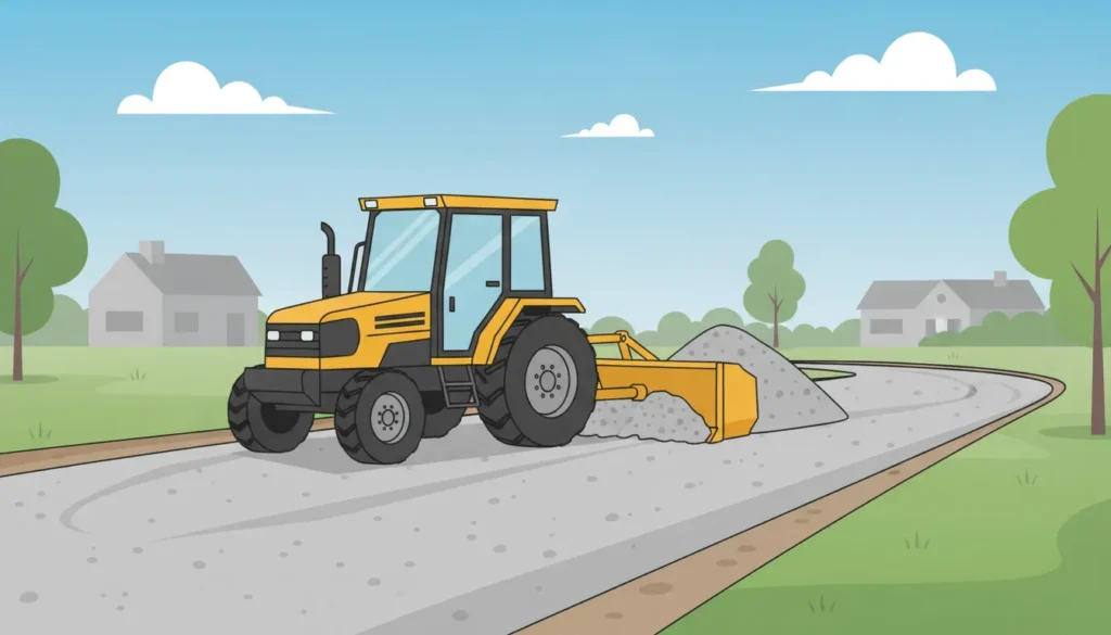 Compact tractor using a box blade to spread gravel on a Minnesota driveway