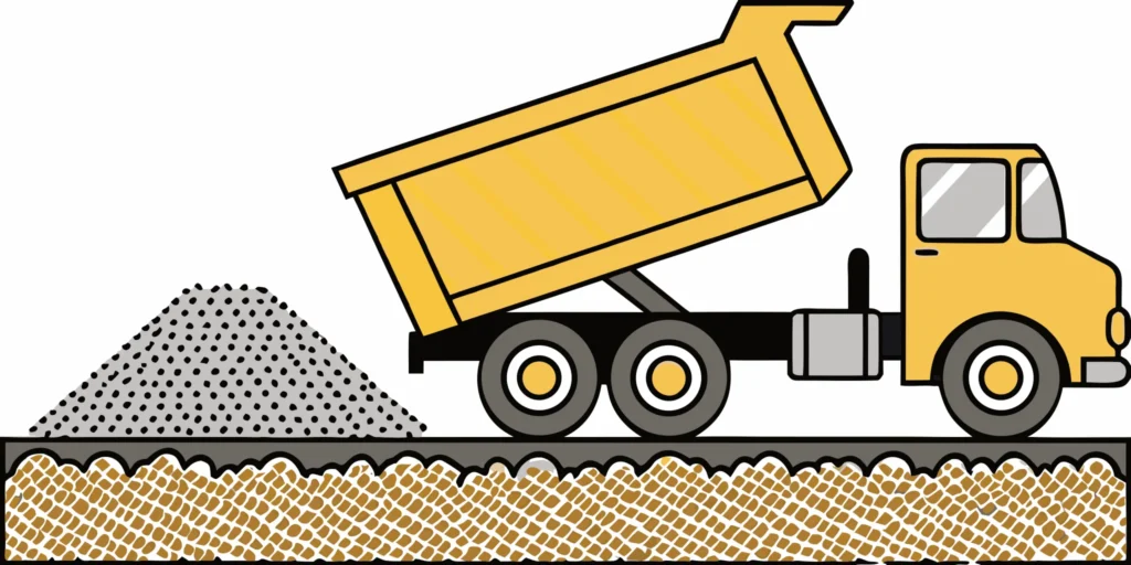 A dump truck delivering and spreading a load of class 5 gravel for a new road base.