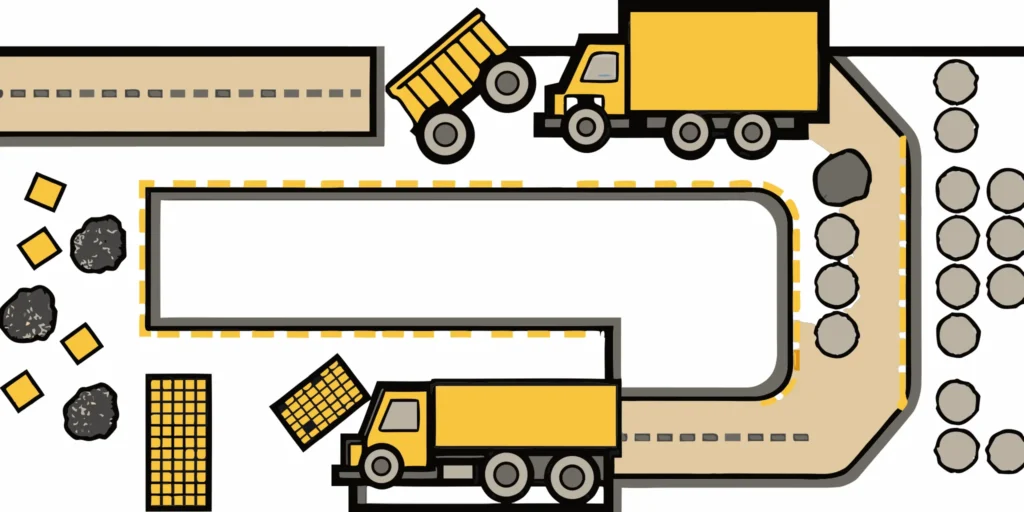 Aerial view of a commercial construction site with dump trucks delivering aggregate materials in Minnesota