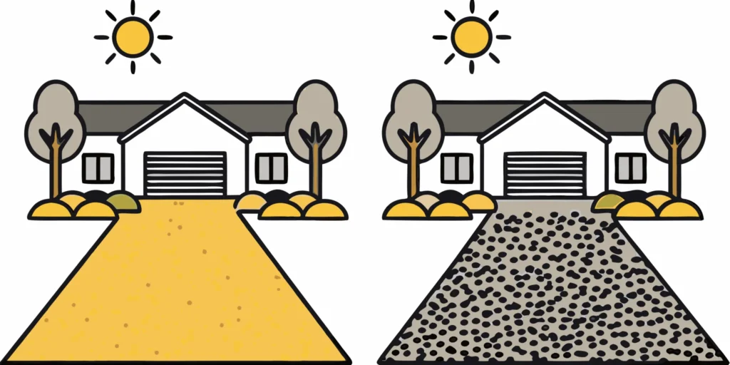 Side-by-side comparison of crushed concrete and gravel driveway surfaces in a Minnesota residential setting