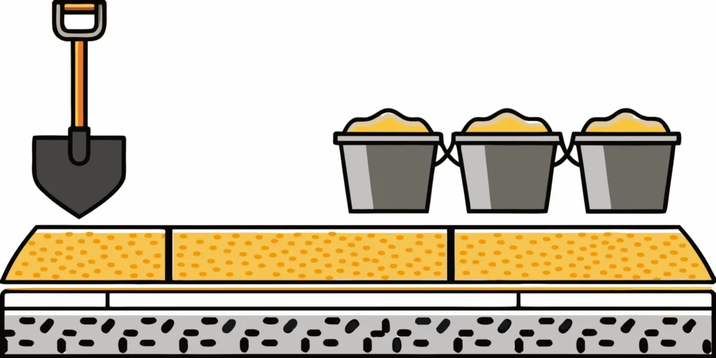 A shovel in the sand needed to create a level base for a new paver patio.