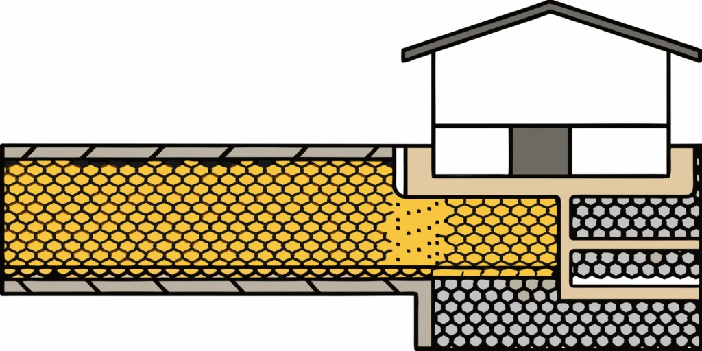 Cross-section of a rock and grass driveway showing the grid system, rock base, and soil layers for durability.