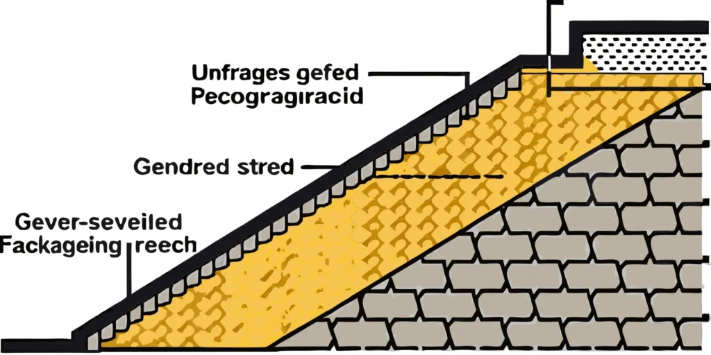 Cross-section of a steep gravel driveway showing layers and drainage to prevent erosion.