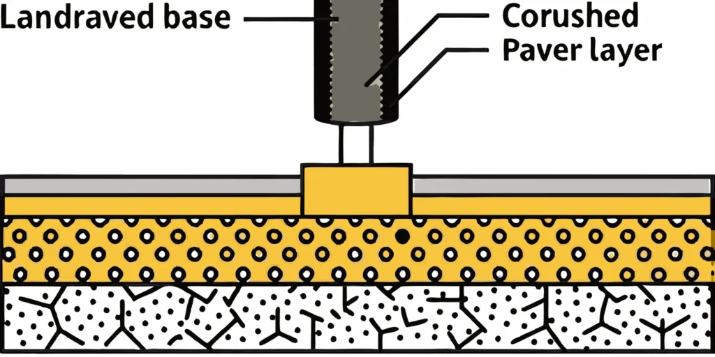 Close-up view of layered gravel base construction for a paver patio showing compacted crushed stone base and excavation depth