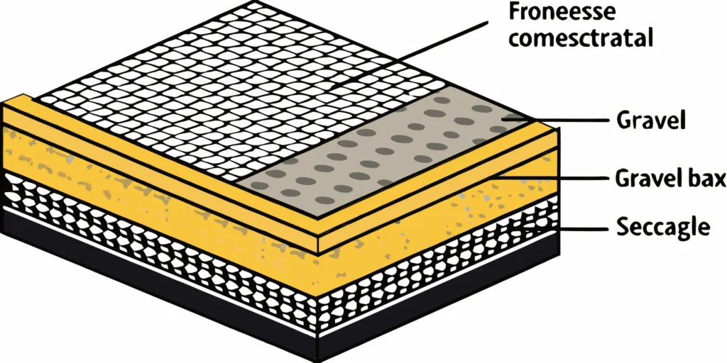Diagram of how to install a gravel road base with geotextile fabric, sub-base, and top layers.