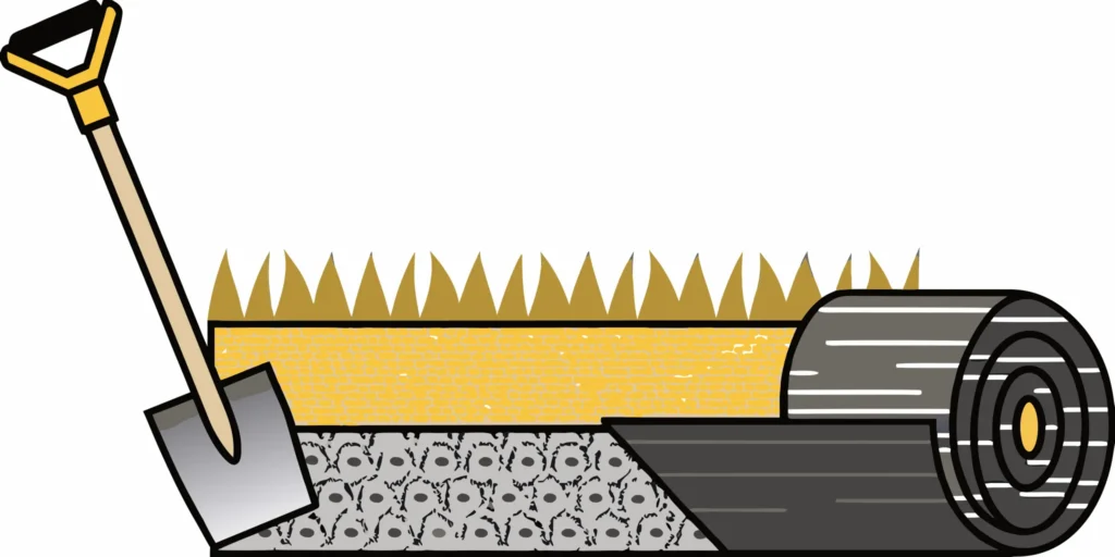 Laying a gravel path over grass with a shovel and a roller compacting the layers.