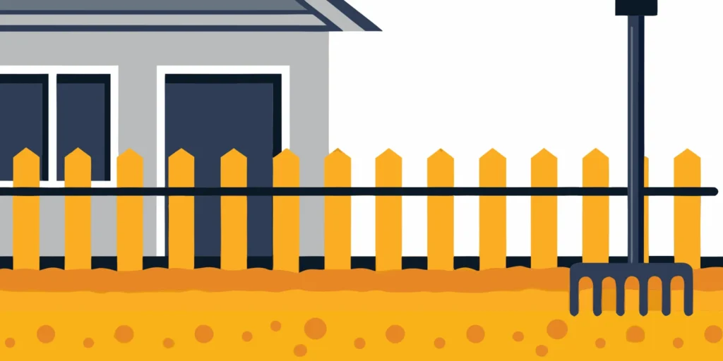 A rake levels soil during a DIY project to regrade a lawn for proper drainage.