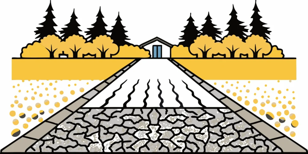 Gravel driveway with potholes in Minnesota landscape