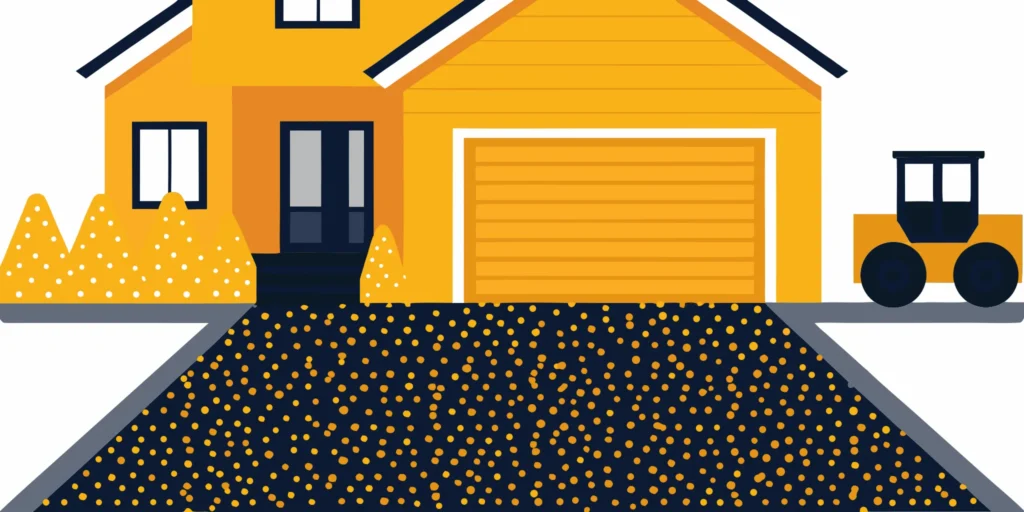 A textured recycled asphalt driveway with a dark surface in front of a home.