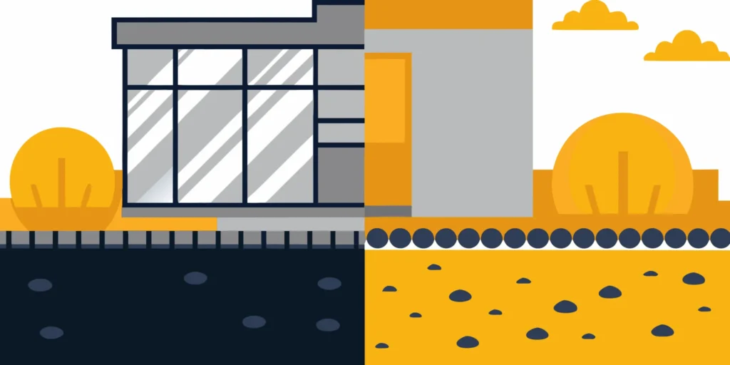 Split view comparing a recycled asphalt driveway vs a gravel driveway.