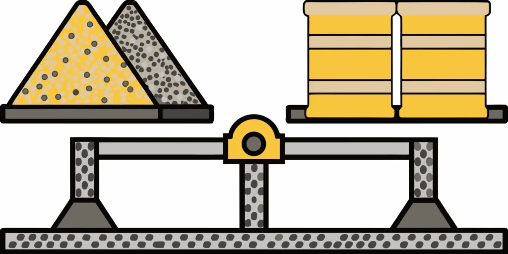 A scale balances recycled class 5 gravel and weights, showing the price per ton.