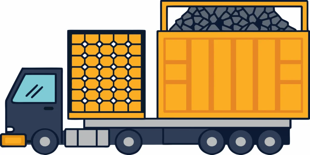 A dump truck delivers a load of road base gravel, priced per yard.