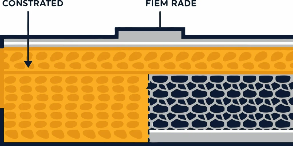 Cross-section of a driveway comparing compacted road base vs. loose gravel layers.