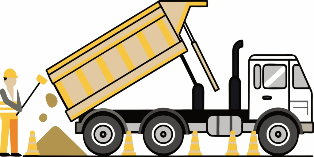 Dump truck making a same day sand delivery to a construction project site.