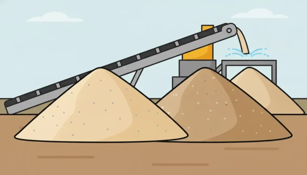 Screened sand and washed sand stockpiles compared at a Minnesota aggregate yard