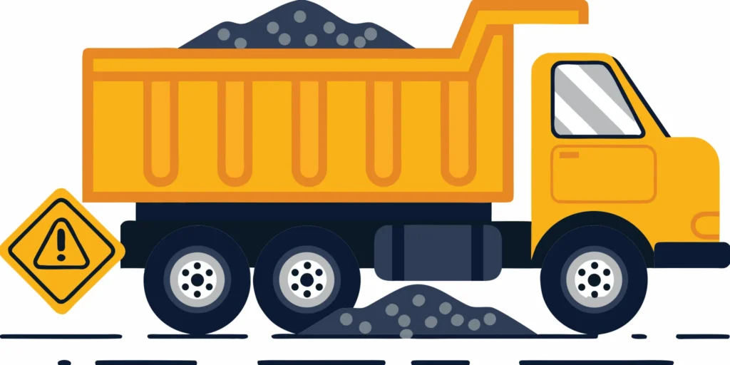 Dump truck delivering gravel on a spring road in Minnesota with thawing conditions