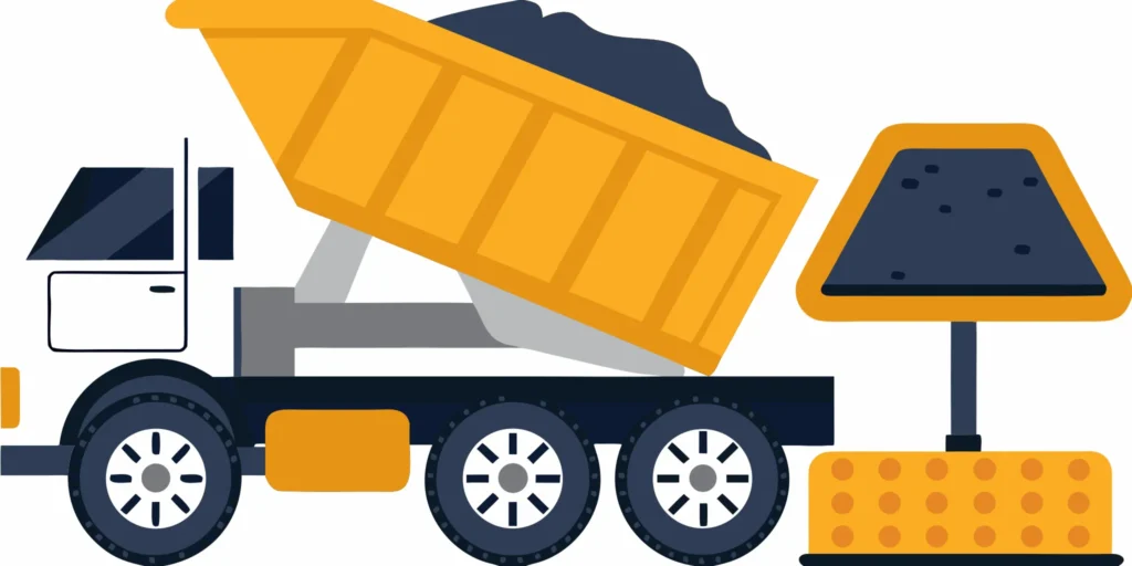 A dump truck unloads asphalt millings, a key factor in the delivery cost.