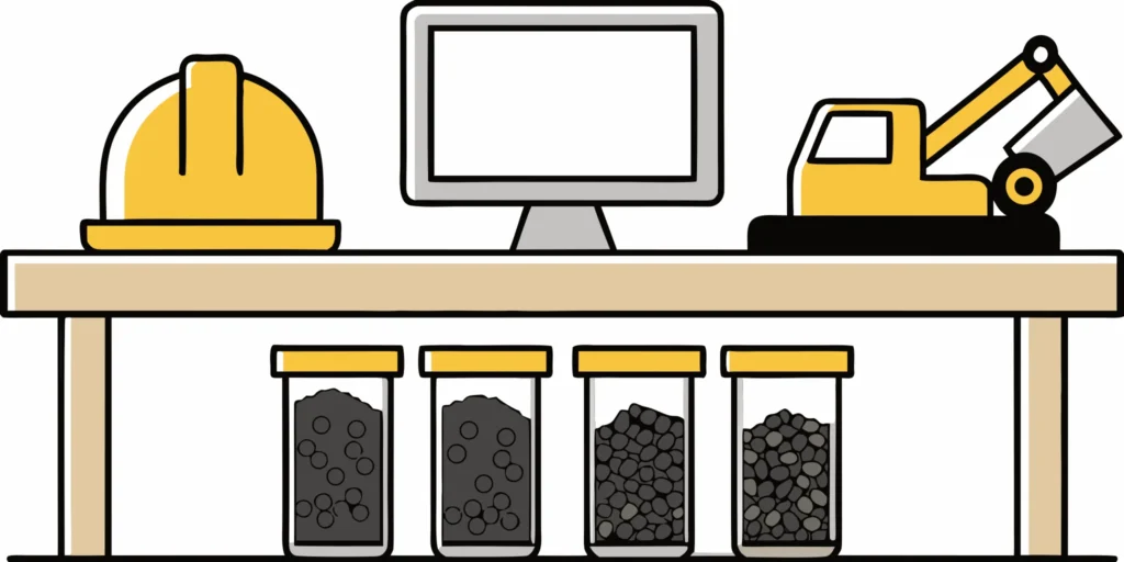 A buyer's desk with recycled asphalt samples, used for researching where to buy.