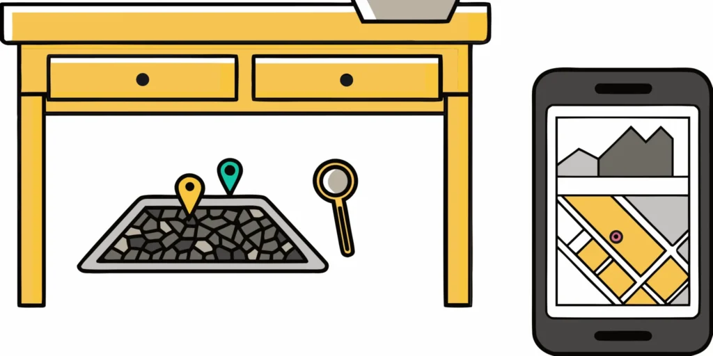 A smartphone showing a map of local suppliers on a background of road base gravel.
