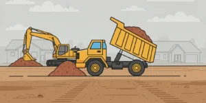 A truck delivering clay fill beside a prepared Minnesota construction site