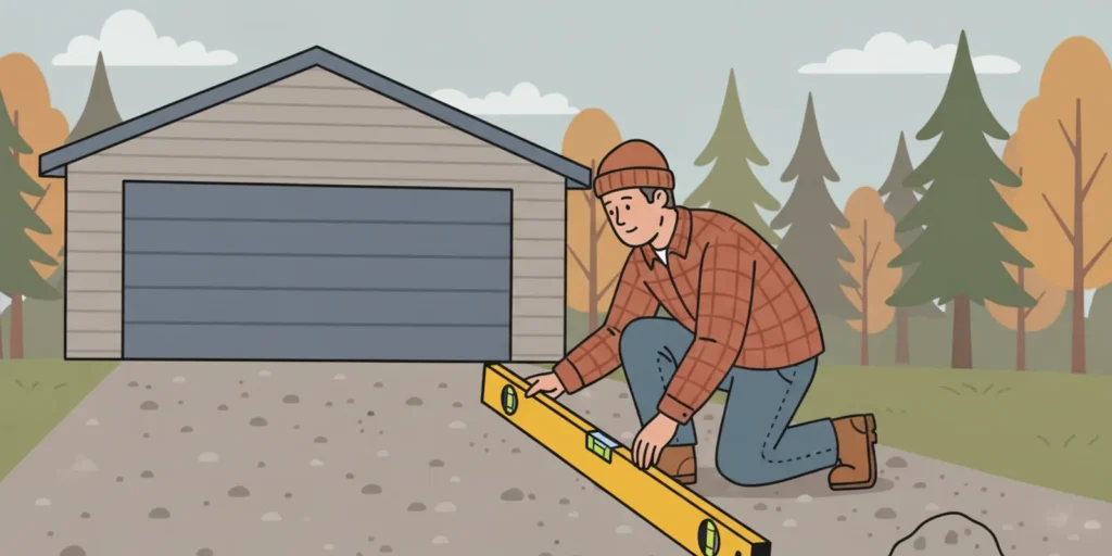 A homeowner checks the incline of a gravel driveway with a level and measuring tape