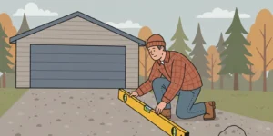 A homeowner checks the incline of a gravel driveway with a level and measuring tape
