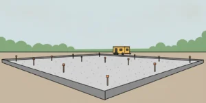 A compacted gravel building pad prepared for a small structure on a clear construction site