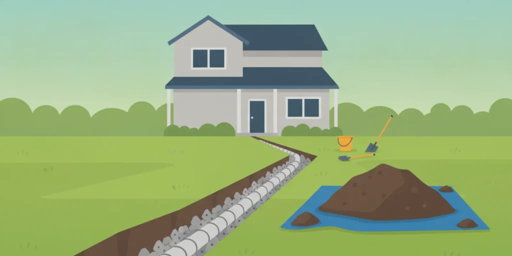 Clean drainage stone beside a residential French drain trench with perforated pipe