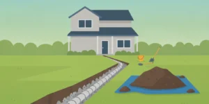 Clean drainage stone beside a residential French drain trench with perforated pipe