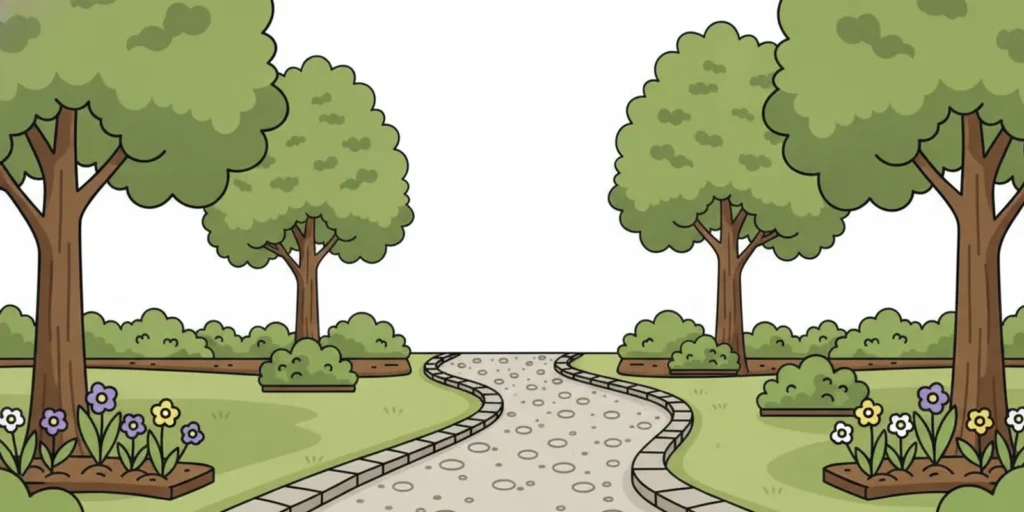 Gravel garden path winding between planted beds in a Minnesota yard