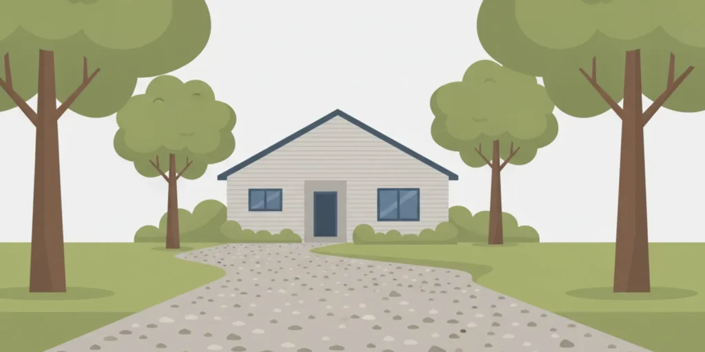 Natural stone driveway leading to a home, with a compacted gravel surface and green edges
