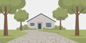 Natural stone driveway leading to a home, with a compacted gravel surface and green edges