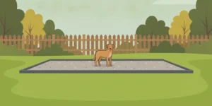 A dog standing on a neatly edged pea gravel run beside a grassy yard