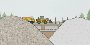A recycled aggregate comparison of separate piles of recycled aggregate and virgin crushed stone at a construction site
