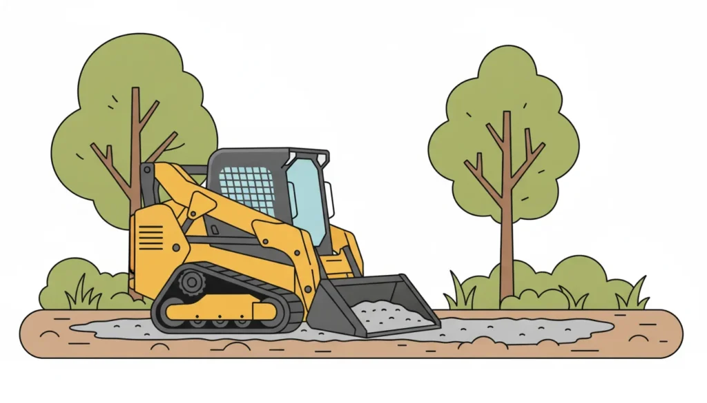 Compact tracked skid steer spreading aggregate across a Minnesota residential yard